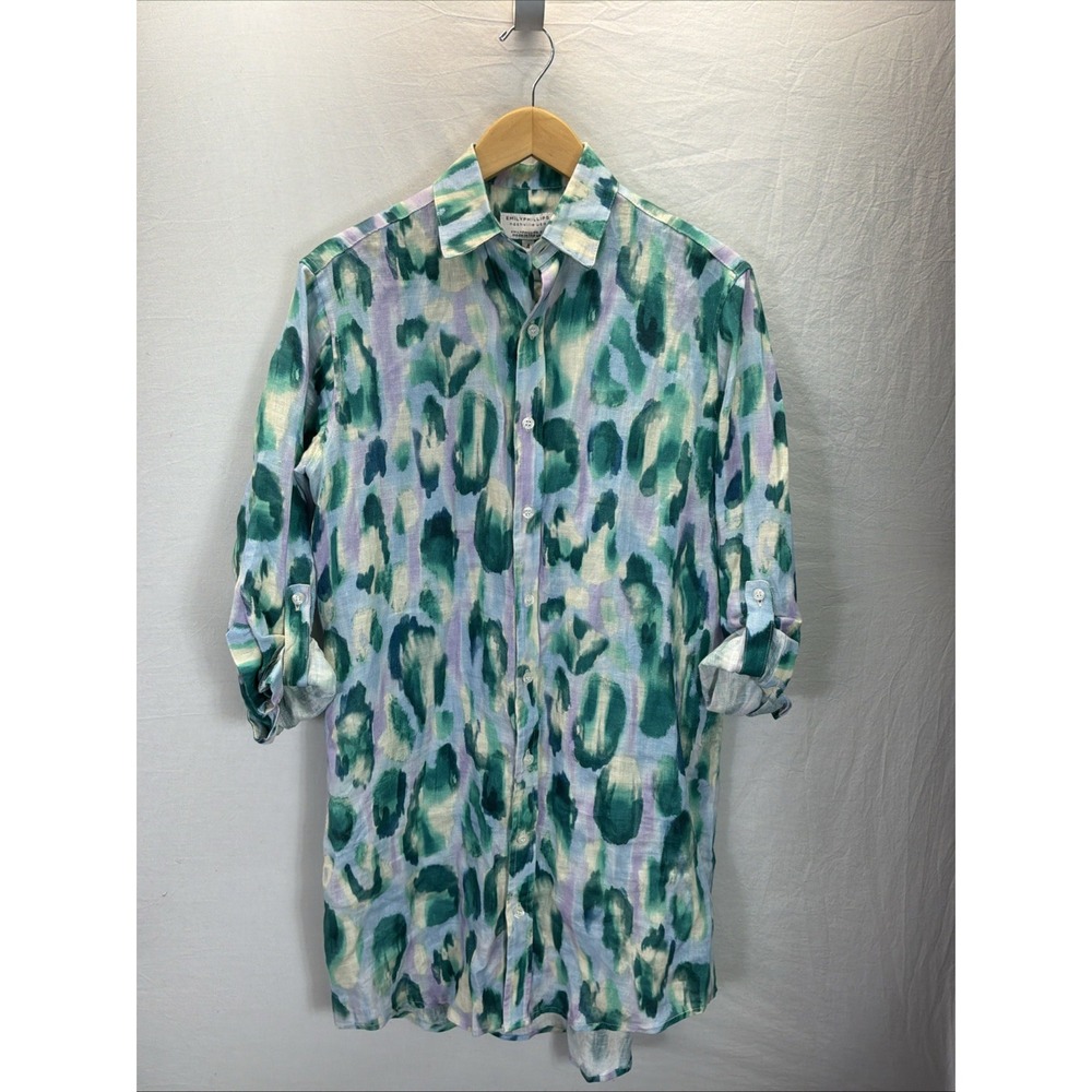 Emily Phillips Shirt Dress 100% Linen roll tab Size 4 watercolor print USA made